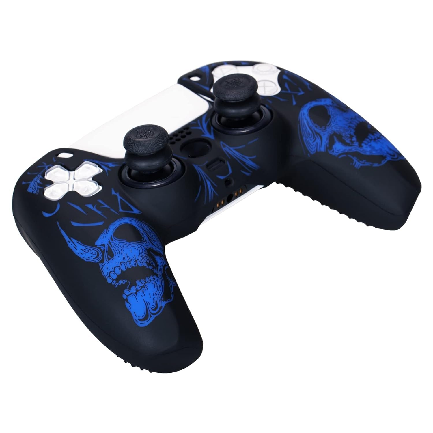 Laser Carving Silicone Skin for PS5 Controller X 1(Skulls Blue) with Exclusive Thumb Grips X 8