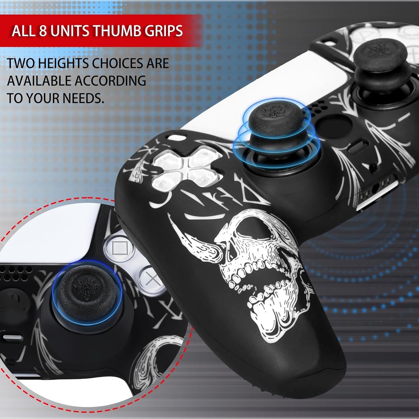 Laser Carving Silicone Skin for PS5 Controller X 1(Skulls White) with Exclusive Thumb Grips X 8