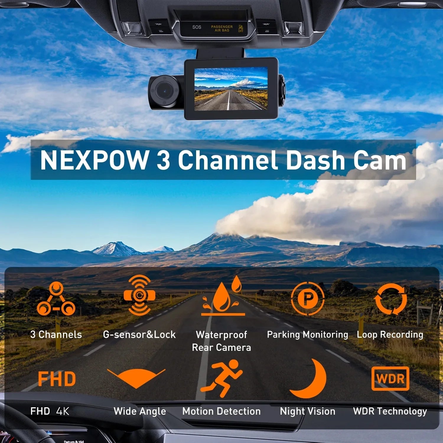 Car Dash Cam 3 Channel, 4K Dash Camera Front and Rear, Dashcam Three Way with 3" LCD Screen, Triple Car Camera with IR Night Vision, Loop Recording, G-Sensor, Parking Monitor