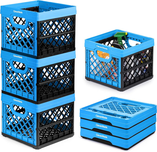 Plastic Collapsible Milk Crates - 25L, Pack of 3 in Neptune Blue - Stackable Storage Bins, Holds 50Lbs per Bin - Clevercrates Are Heavy Duty, Collapsible Storage Crate for Multi Purposes