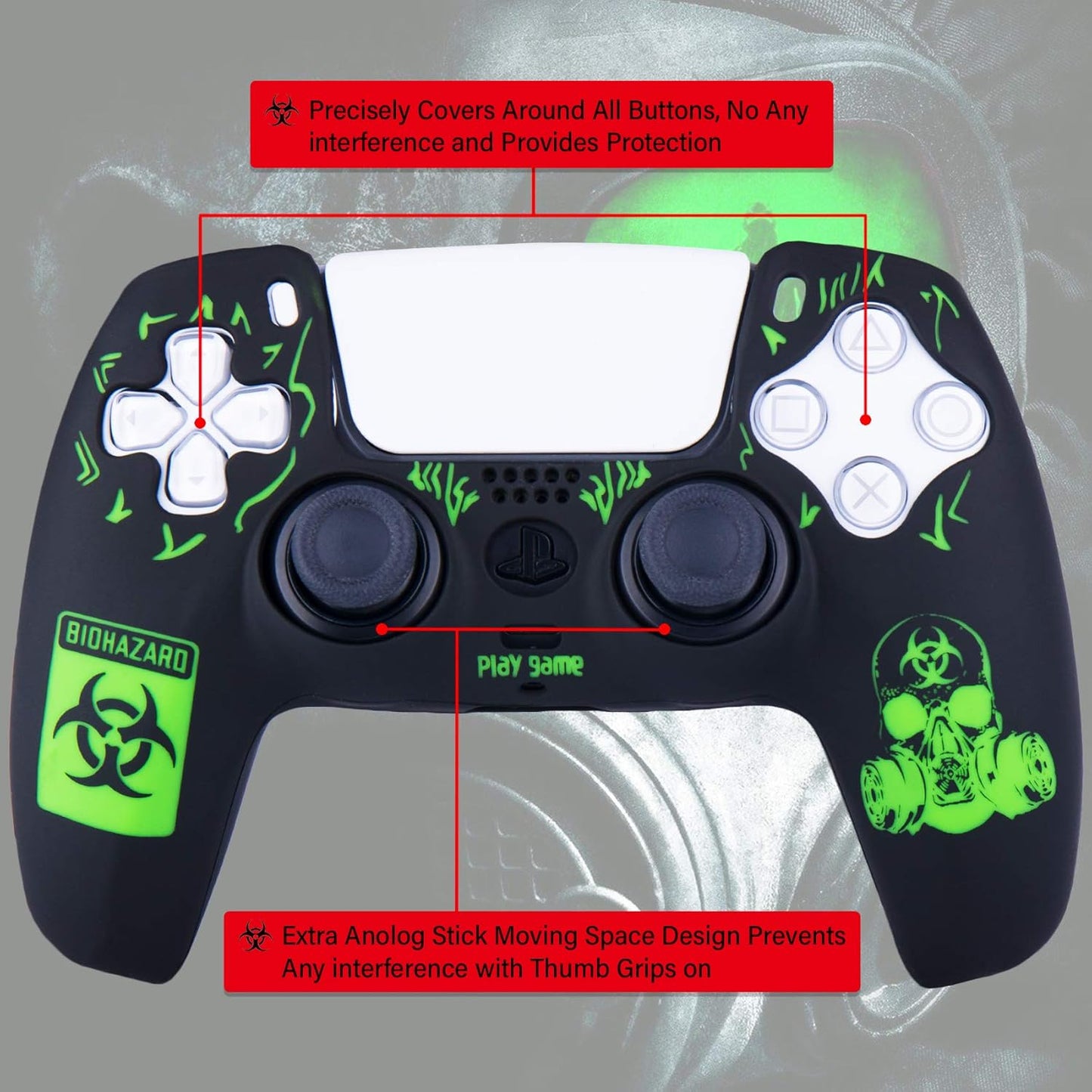 Silicone Rubber Back Dots Carving Customizing Skin Cover for PS5 Controller X 1(BH Green) with Pro Thumb Grips X 10