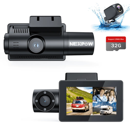 Car Dash Cam 3 Channel, 4K Dash Camera Front and Rear, Dashcam Three Way with 3" LCD Screen, Triple Car Camera with IR Night Vision, Loop Recording, G-Sensor, Parking Monitor