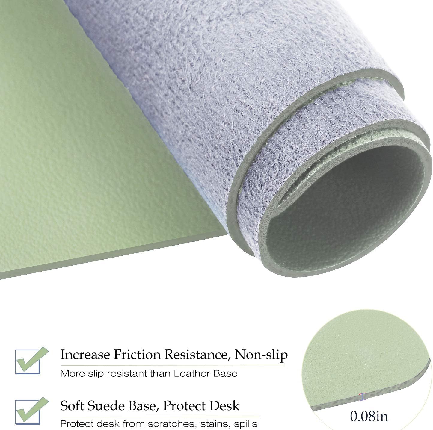 PU Leather Desk Pad with Suede Base, Multi-Color Non-Slip Mouse Pad, 32” X 16” Waterproof Desk Writing Mat, Large Desk Blotter Protector (Light Green)