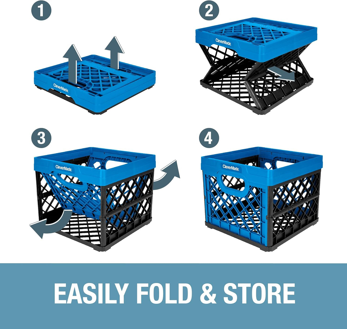 Plastic Collapsible Milk Crates - 25L, Pack of 3 in Neptune Blue - Stackable Storage Bins, Holds 50Lbs per Bin - Clevercrates Are Heavy Duty, Collapsible Storage Crate for Multi Purposes