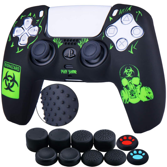 Silicone Rubber Back Dots Carving Customizing Skin Cover for PS5 Controller X 1(BH Green) with Pro Thumb Grips X 10