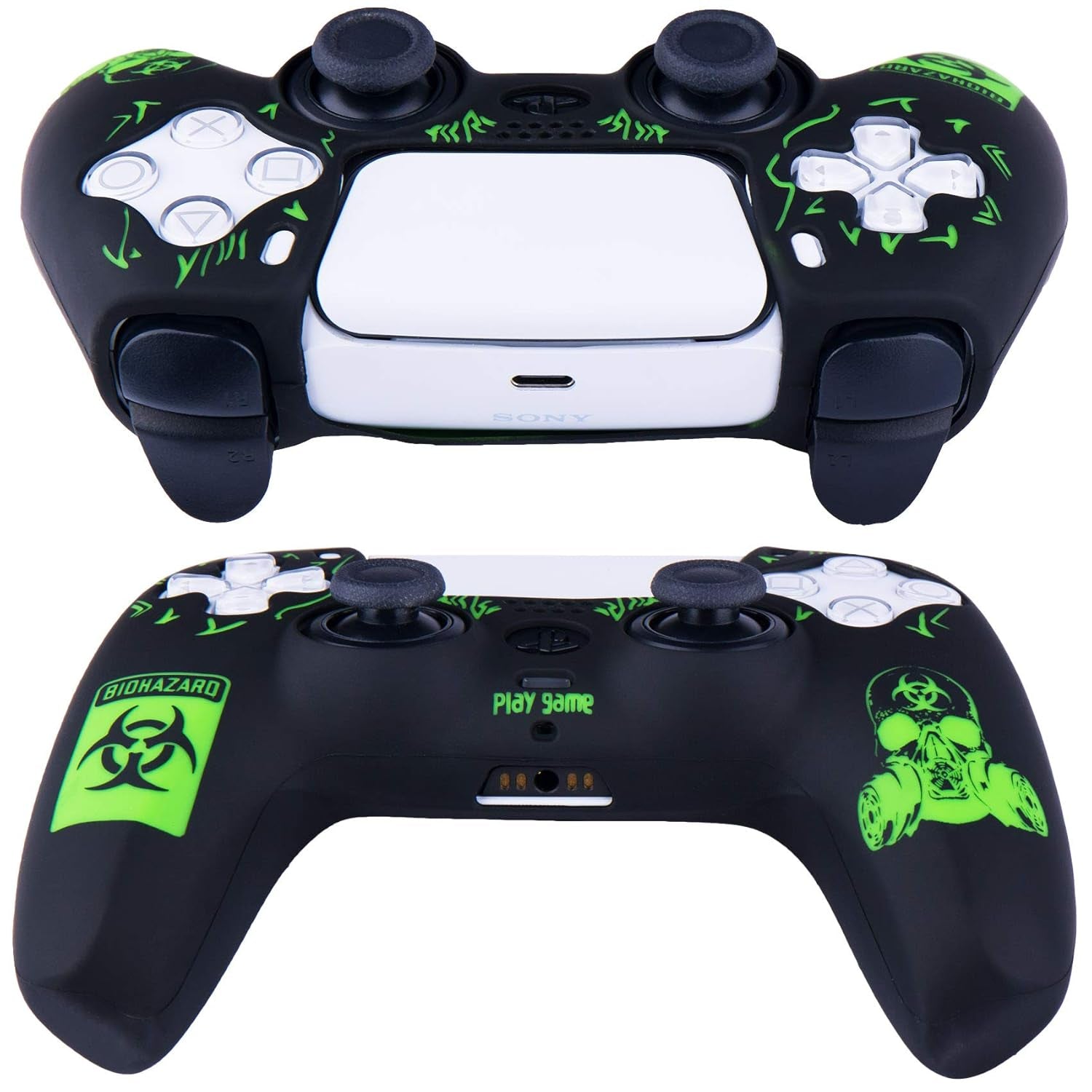 Silicone Rubber Back Dots Carving Customizing Skin Cover for PS5 Controller X 1(BH Green) with Pro Thumb Grips X 10