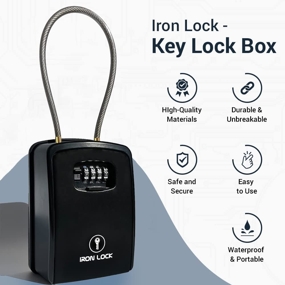 ® XXL Key Lock Box Portable and Wall Mounted with Removable Cable Shackle Waterproof Indoor Outdoor 4 Digit Combination with Resettable Code with a B Switch Extra Large Key Lockbox Outside