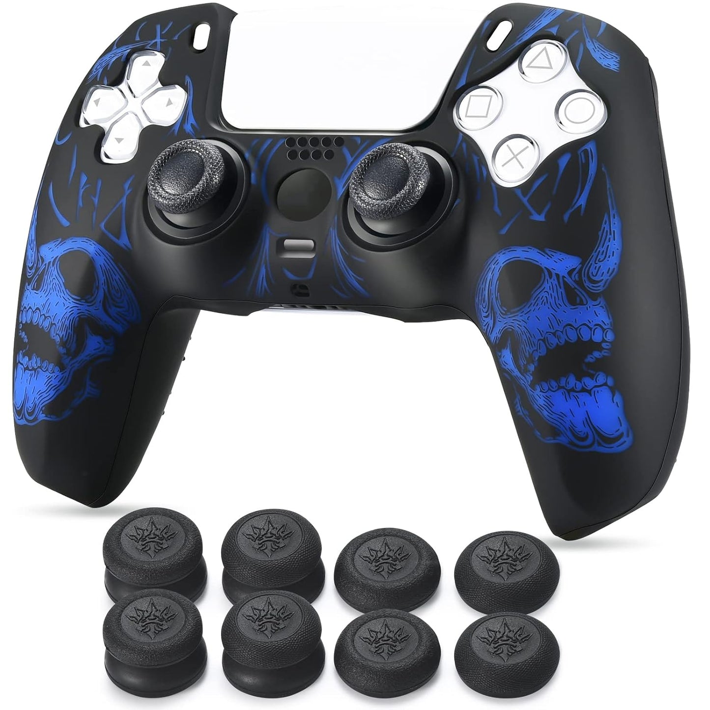 Laser Carving Silicone Skin for PS5 Controller X 1(Skulls Blue) with Exclusive Thumb Grips X 8