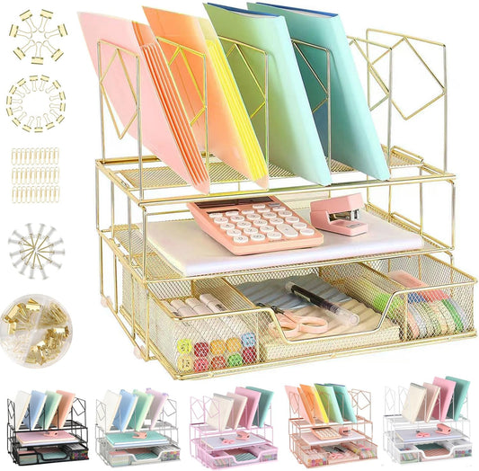 Desk Organizers and Accessories - Double Tray and 5 Upright Sections, Office File & Supplies Organizer with Drawer, Binder Clips, Gold