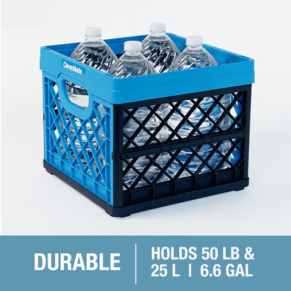 Plastic Collapsible Milk Crates - 25L, Pack of 3 in Neptune Blue - Stackable Storage Bins, Holds 50Lbs per Bin - Clevercrates Are Heavy Duty, Collapsible Storage Crate for Multi Purposes