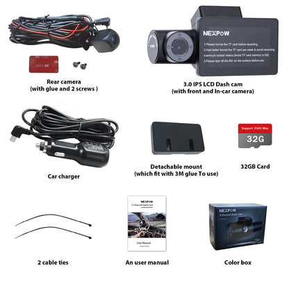 Car Dash Cam 3 Channel, 4K Dash Camera Front and Rear, Dashcam Three Way with 3" LCD Screen, Triple Car Camera with IR Night Vision, Loop Recording, G-Sensor, Parking Monitor