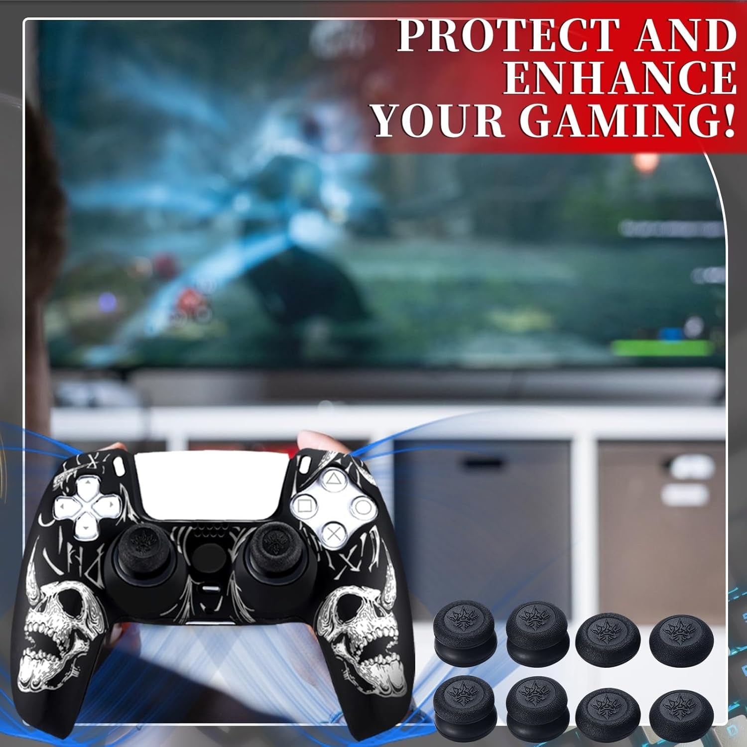 Laser Carving Silicone Skin for PS5 Controller X 1(Skulls White) with Exclusive Thumb Grips X 8