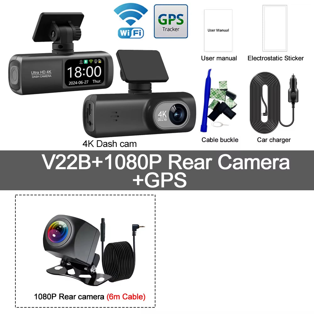 UHD 4K Dash Cam Dual Lens Driving Recorder Car DVR 1080P Rear Lens Camera Built-In Wifi GPS 24-Hour Parking Monitoring Black Box