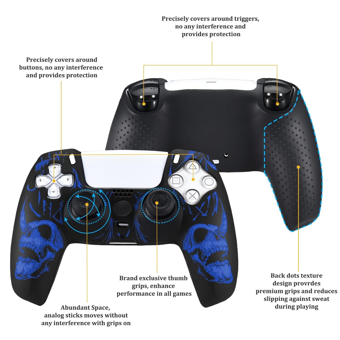 Laser Carving Silicone Skin for PS5 Controller X 1(Skulls Blue) with Exclusive Thumb Grips X 8