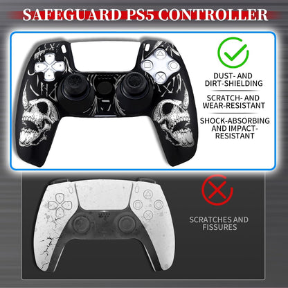 Laser Carving Silicone Skin for PS5 Controller X 1(Skulls White) with Exclusive Thumb Grips X 8