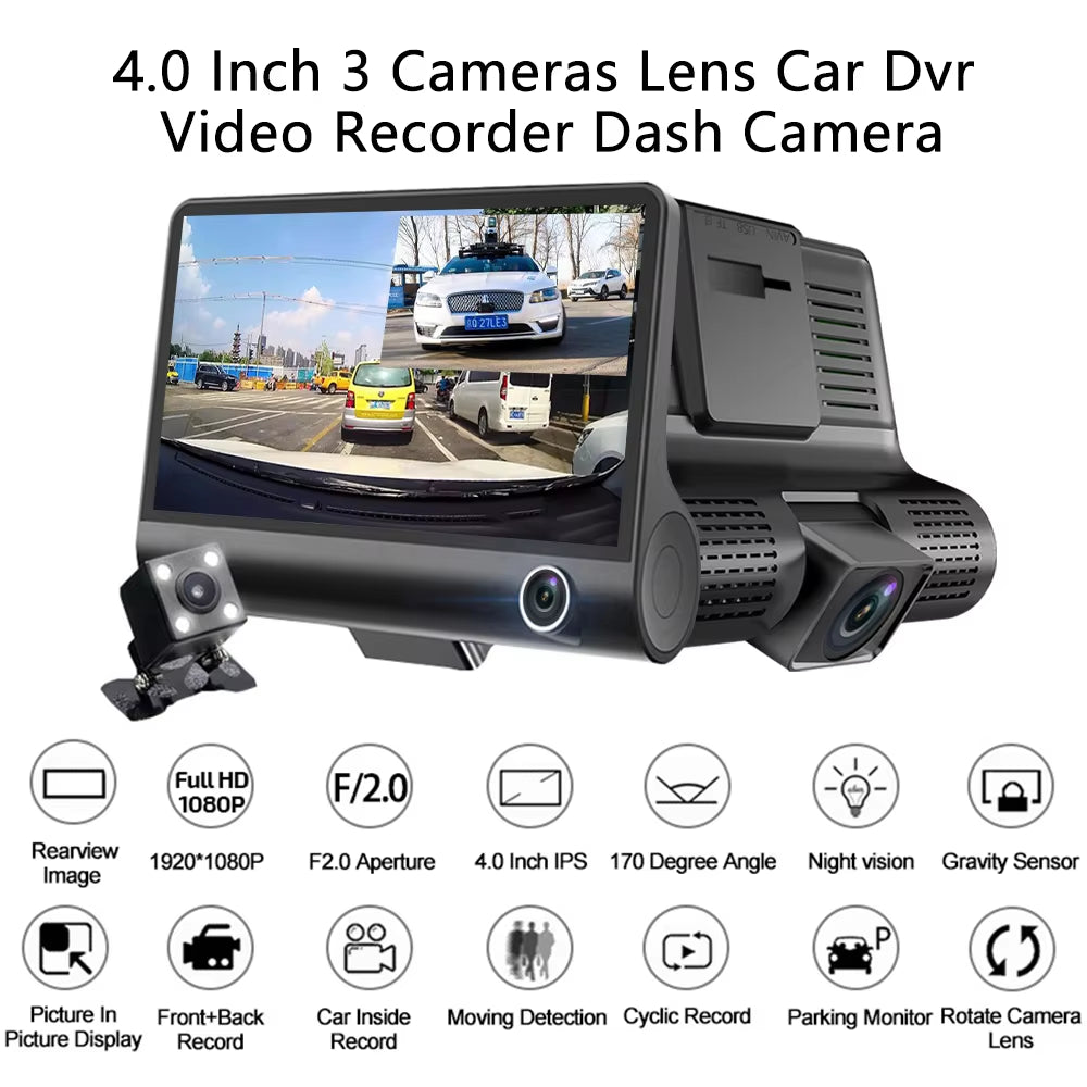 Car DVR 3 Cameras 4.0 Inches Dash Cam Car Video Recorder Auto Registrator Dvrs Dash Cam with 3 Ways Cameras