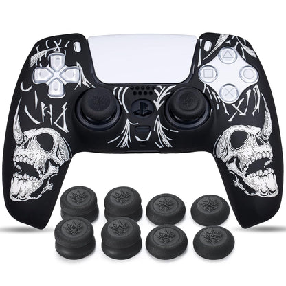 Laser Carving Silicone Skin for PS5 Controller X 1(Skulls White) with Exclusive Thumb Grips X 8