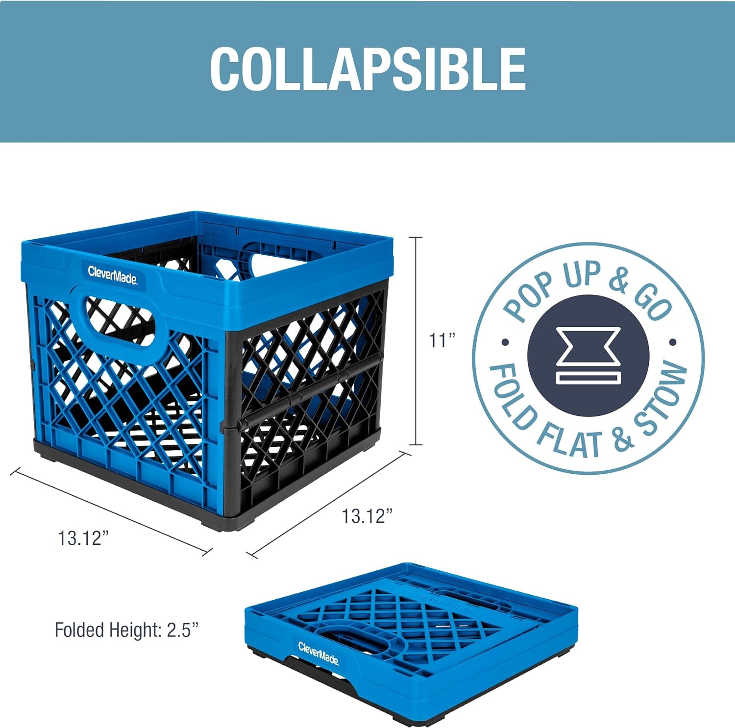 Plastic Collapsible Milk Crates - 25L, Pack of 3 in Neptune Blue - Stackable Storage Bins, Holds 50Lbs per Bin - Clevercrates Are Heavy Duty, Collapsible Storage Crate for Multi Purposes