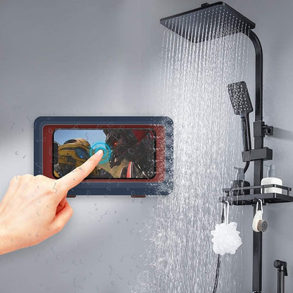 Shower Phone Holder Waterproof Wall Mount Case for Bathroom, 360° Rotation Anti-Fog Touch Screen, Compatible with 4" - 7" Cell Phones (Blue)