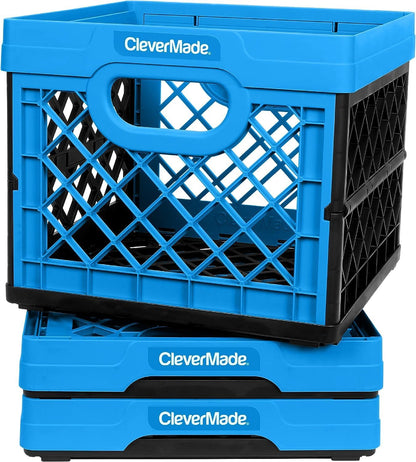 Plastic Collapsible Milk Crates - 25L, Pack of 3 in Neptune Blue - Stackable Storage Bins, Holds 50Lbs per Bin - Clevercrates Are Heavy Duty, Collapsible Storage Crate for Multi Purposes