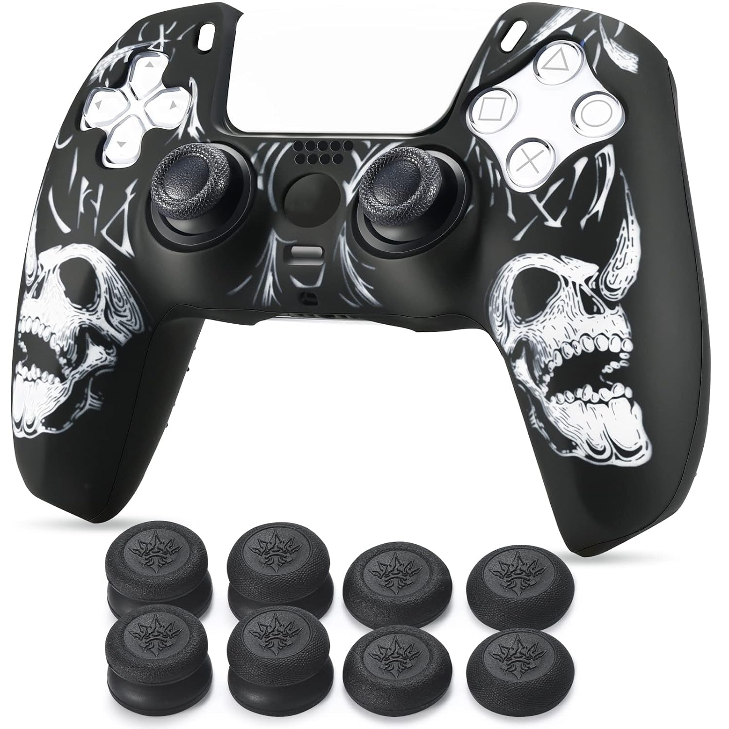 Laser Carving Silicone Skin for PS5 Controller X 1(Skulls White) with Exclusive Thumb Grips X 8