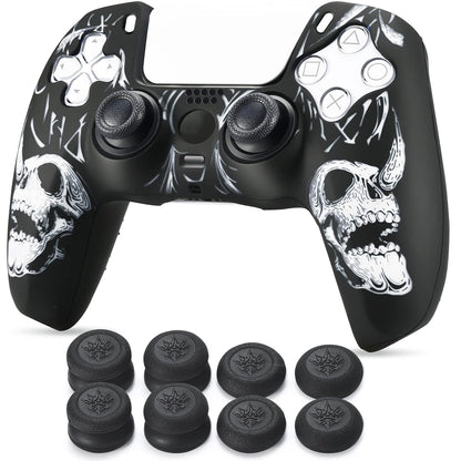 Laser Carving Silicone Skin for PS5 Controller X 1(Skulls White) with Exclusive Thumb Grips X 8