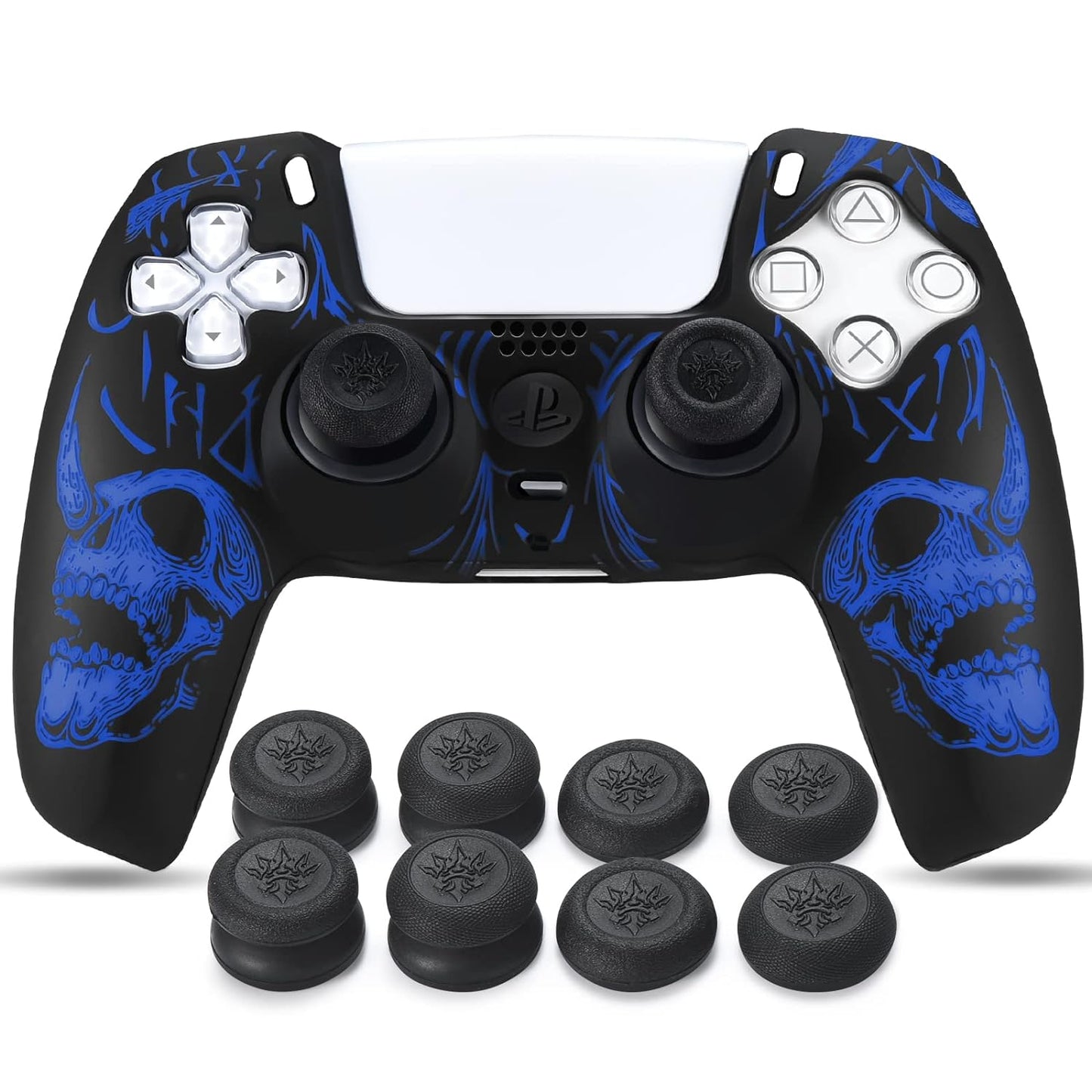 Laser Carving Silicone Skin for PS5 Controller X 1(Skulls Blue) with Exclusive Thumb Grips X 8