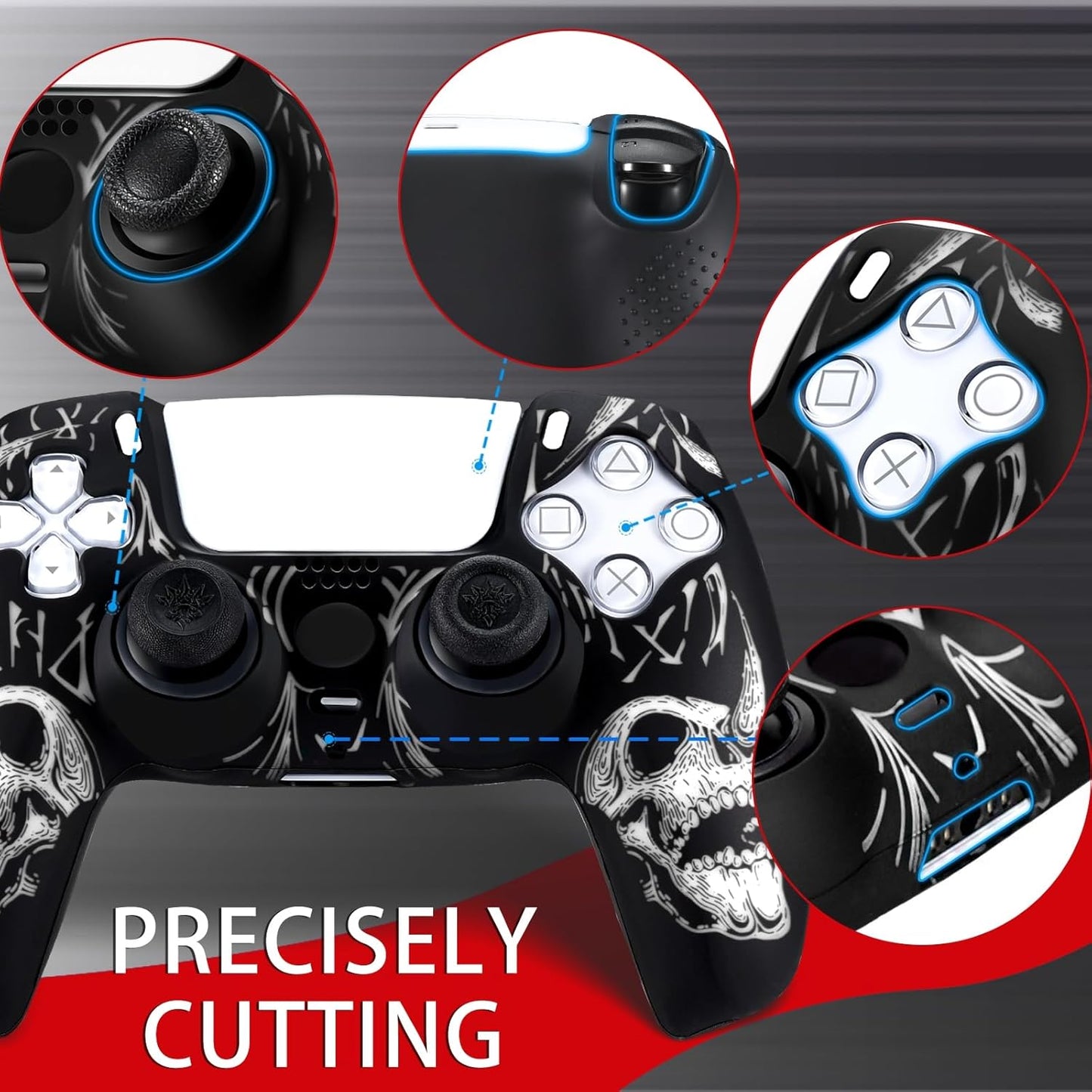 Laser Carving Silicone Skin for PS5 Controller X 1(Skulls White) with Exclusive Thumb Grips X 8