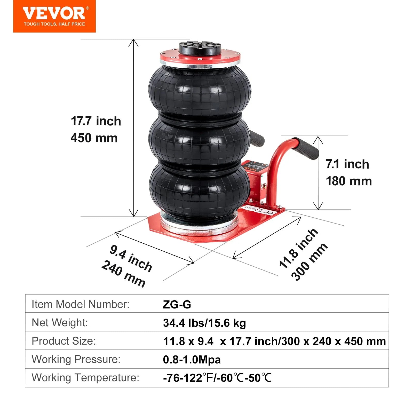 VEVOR Air Jack, 3 Ton/6600 Lbs Triple Bag Air Jack, Airbag Jack with Six Steel Pipes, Lift up to 17.7 Inch/450 Mm, 3-5 S Fast Lifting Pneumatic Jack, with Side Handles for Car, Garage, Repair (Red)