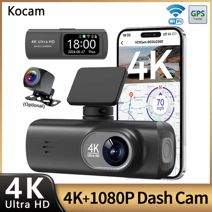 UHD 4K Dash Cam Dual Lens Driving Recorder Car DVR 1080P Rear Lens Camera Built-In Wifi GPS 24-Hour Parking Monitoring Black Box