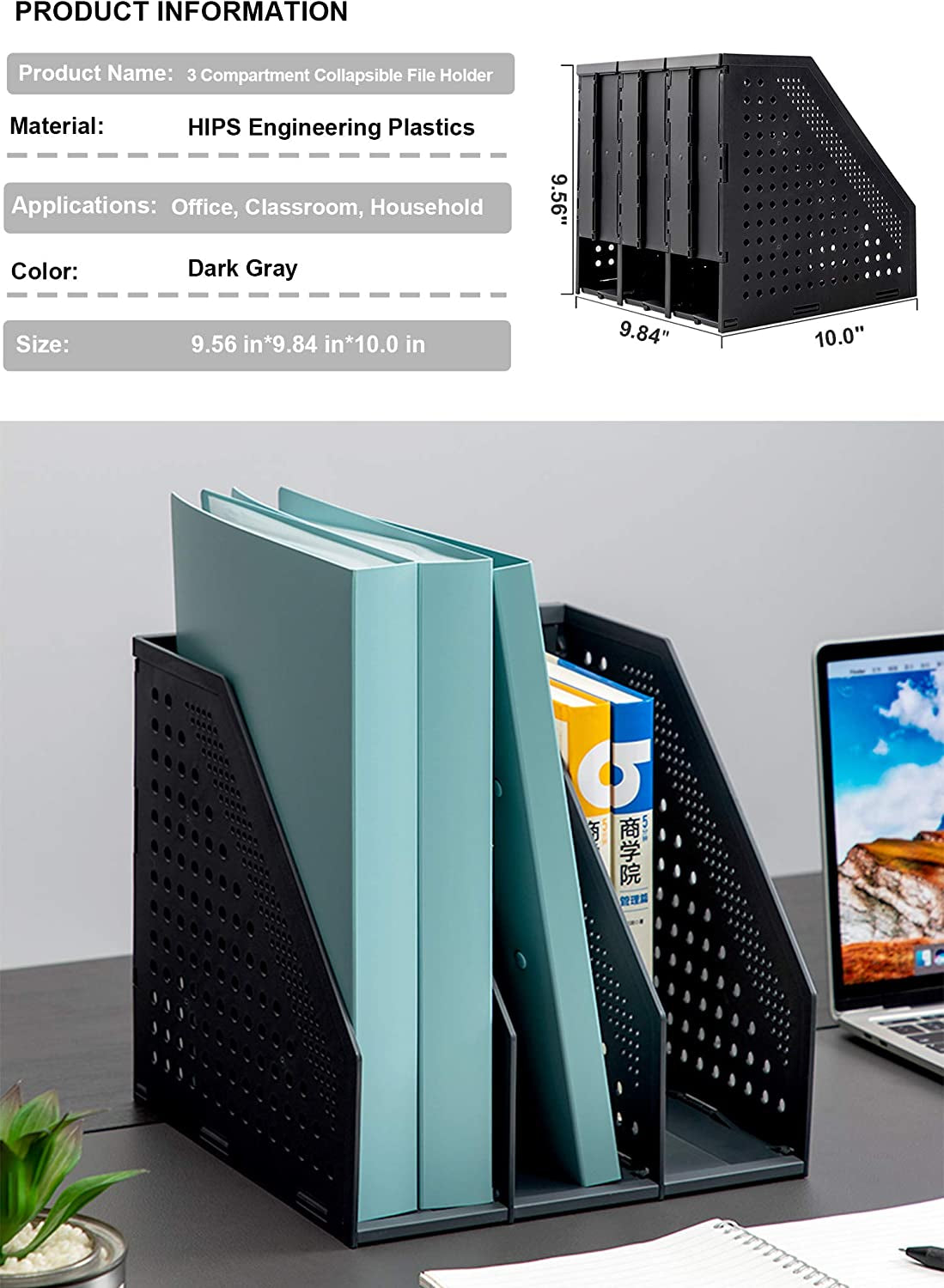 /Deli Collapsible Magazine File Holder/Desk Organizer for Office Organization and Storage with 3 Vertical Compartments, Dark Grey,