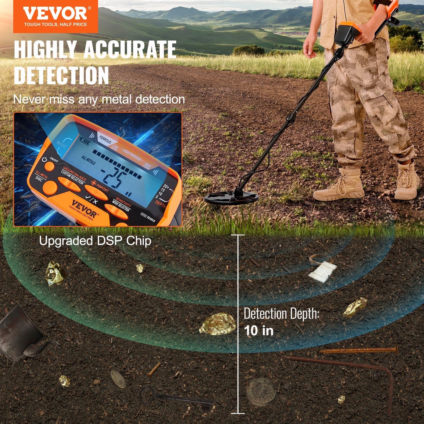 VEVOR Metal Detector for Adults & Kids, 10 Inch Waterproof Search Coil with LCD Display 7 Modes, Adjustable 41''-52'' Aluminum Stem, DSP Chip Higher Accuracy Gold Detector 10'' Detection Depth