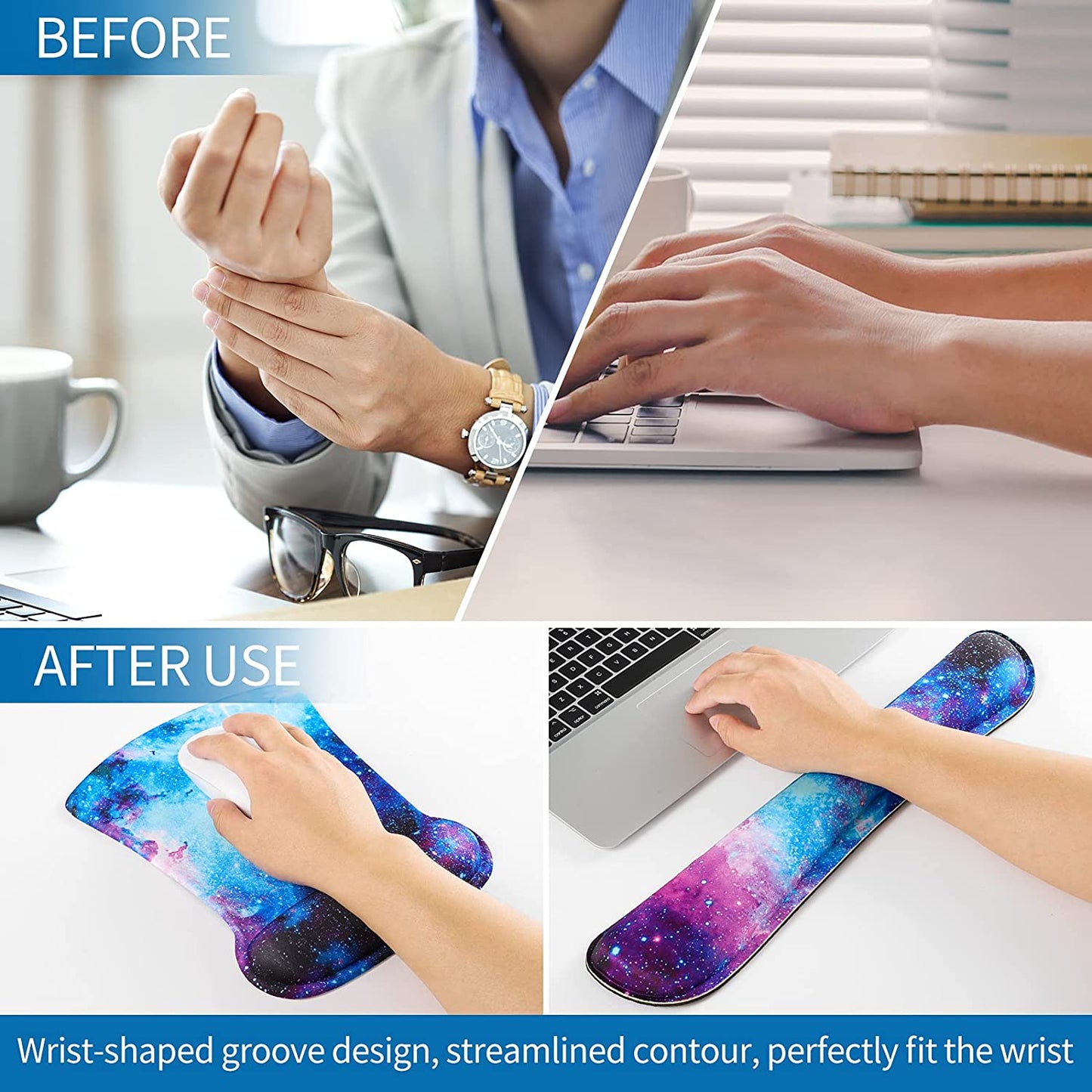 Keyboard Wrist Rest Pad and Mouse Wrist Rest Support Mouse Pad Set,Durable & Comfortable & Lightweight for Easy Typing & Pain Relief-Ergonomic Support (Galaxy)